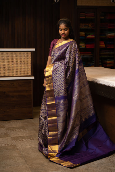Indigo Blue Zari Brocade Pure Kanchipuram Silk Sari - Clio Silks