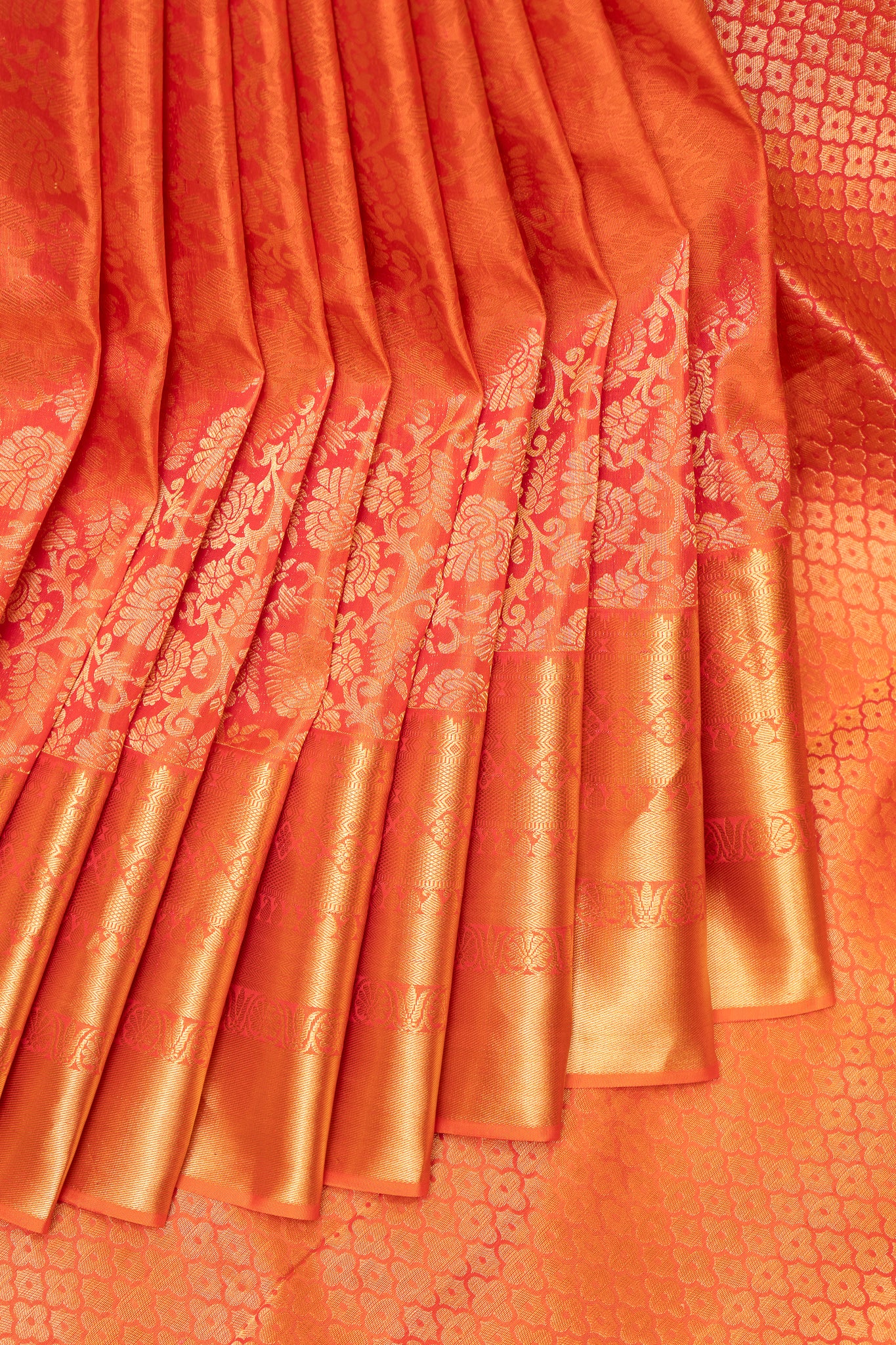 Peach Orange Floral Brocade Pure Kanchipuram Silk Saree - Clio Silks