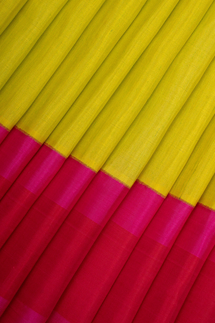 Lime Green and Red Pure Linen Kanchipuram Saree