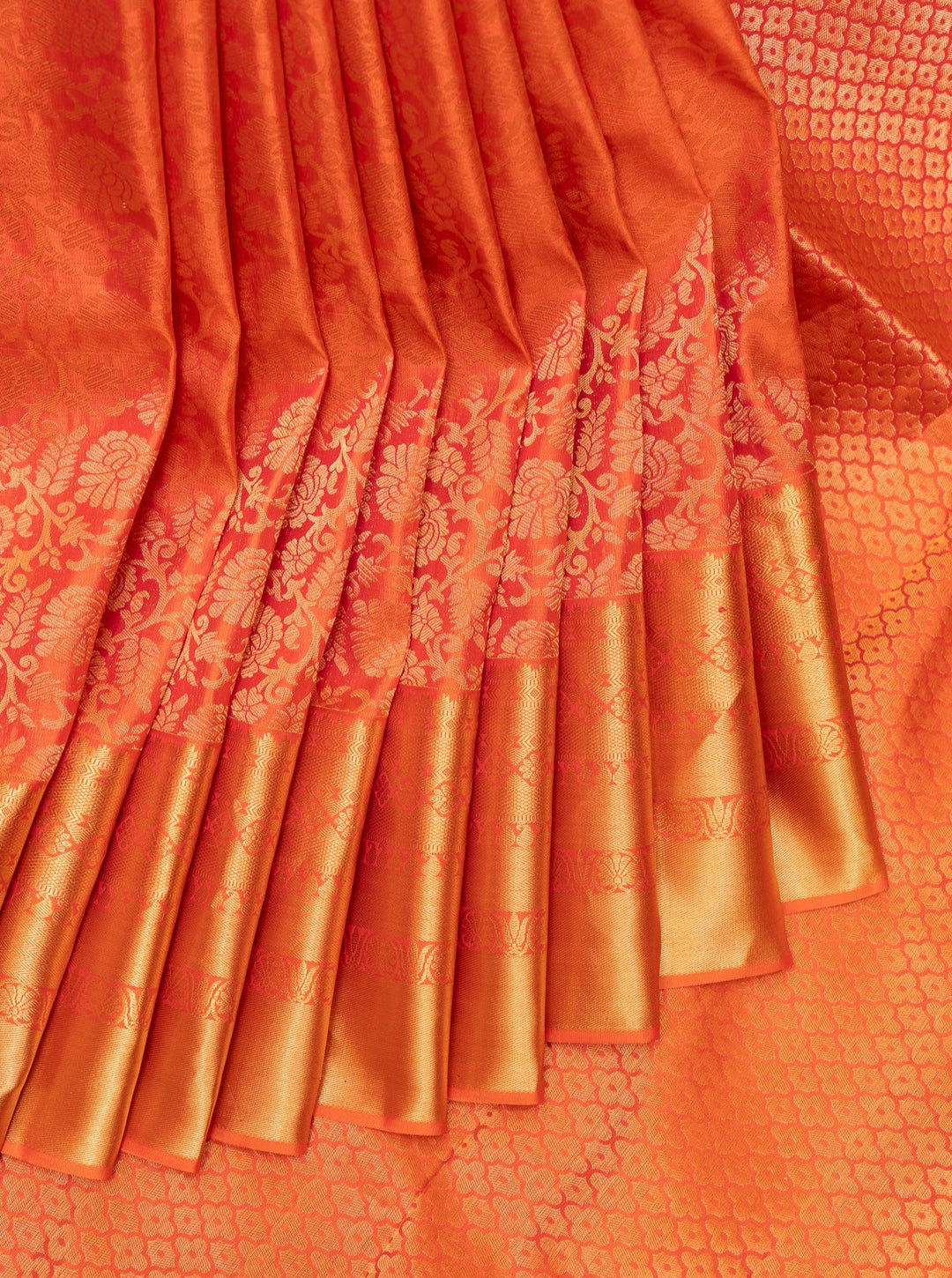Peach Orange Floral Brocade Pure Kanchipuram Silk Saree - Clio Silks