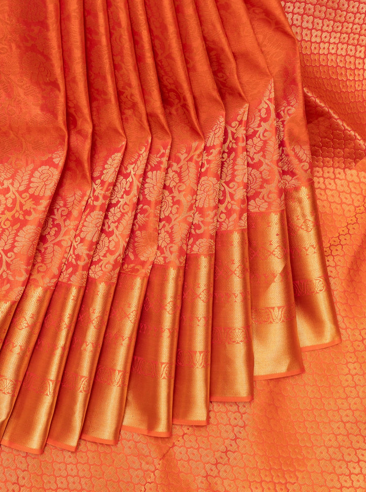 Peach Orange Floral Brocade Pure Kanchipuram Silk Saree - Clio Silks