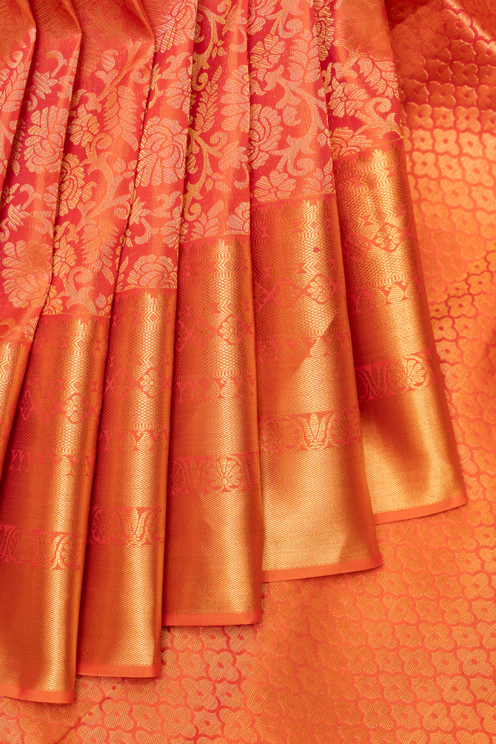Peach Orange Floral Brocade Pure Kanchipuram Silk Saree - Clio Silks