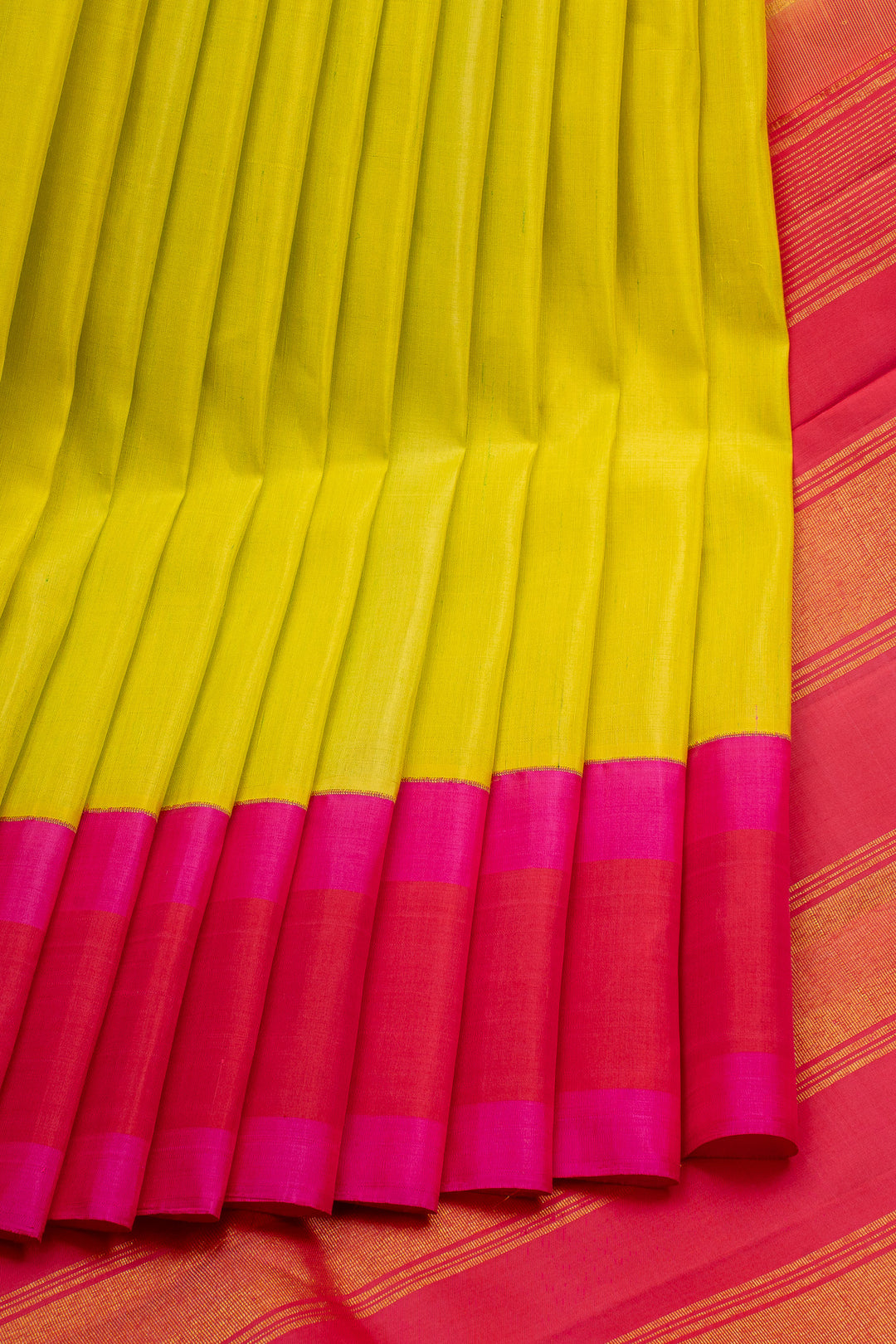 Lime Green and Red Pure Linen Kanchipuram Saree