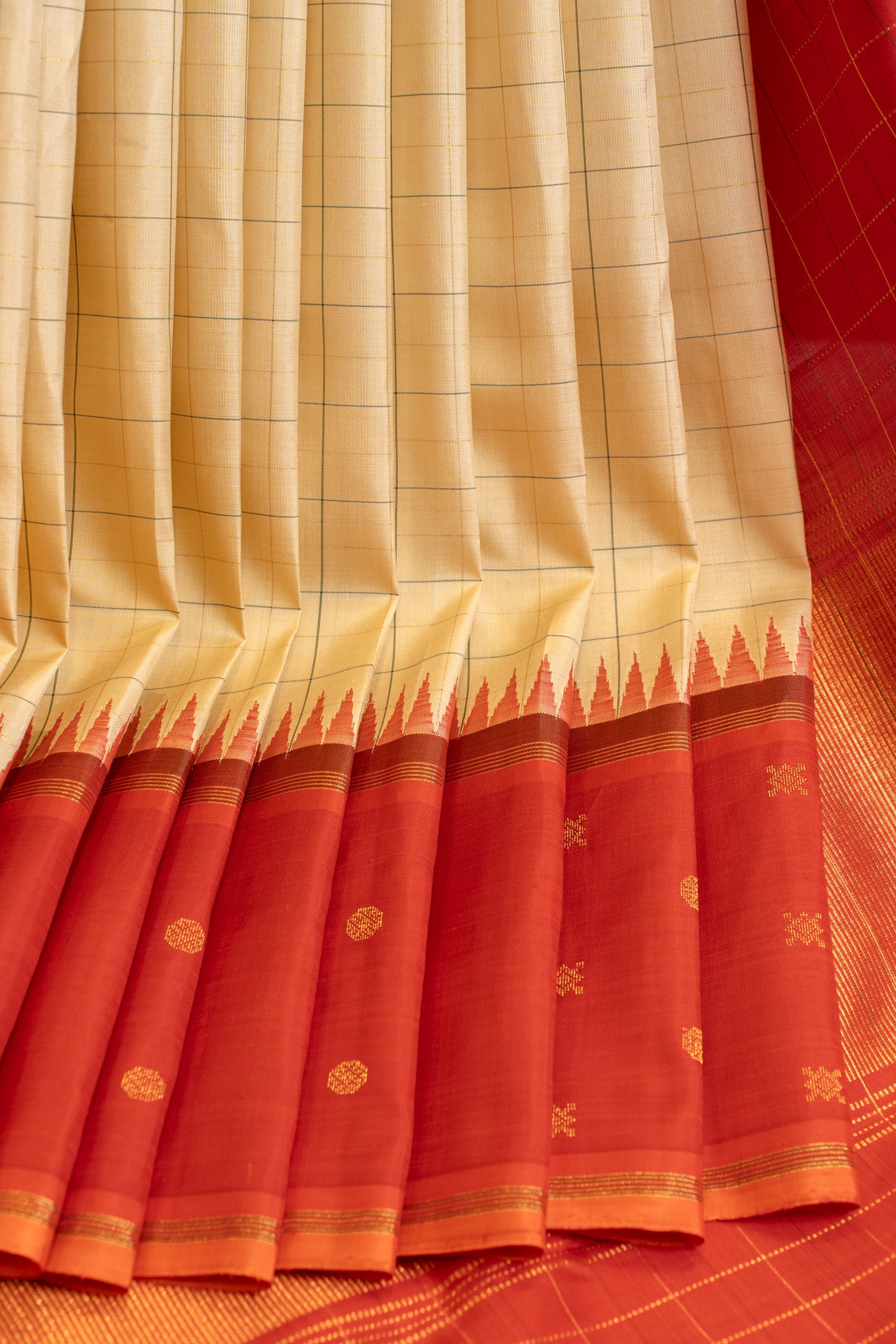 Off white and red checks pure Kanchipuram silk saree