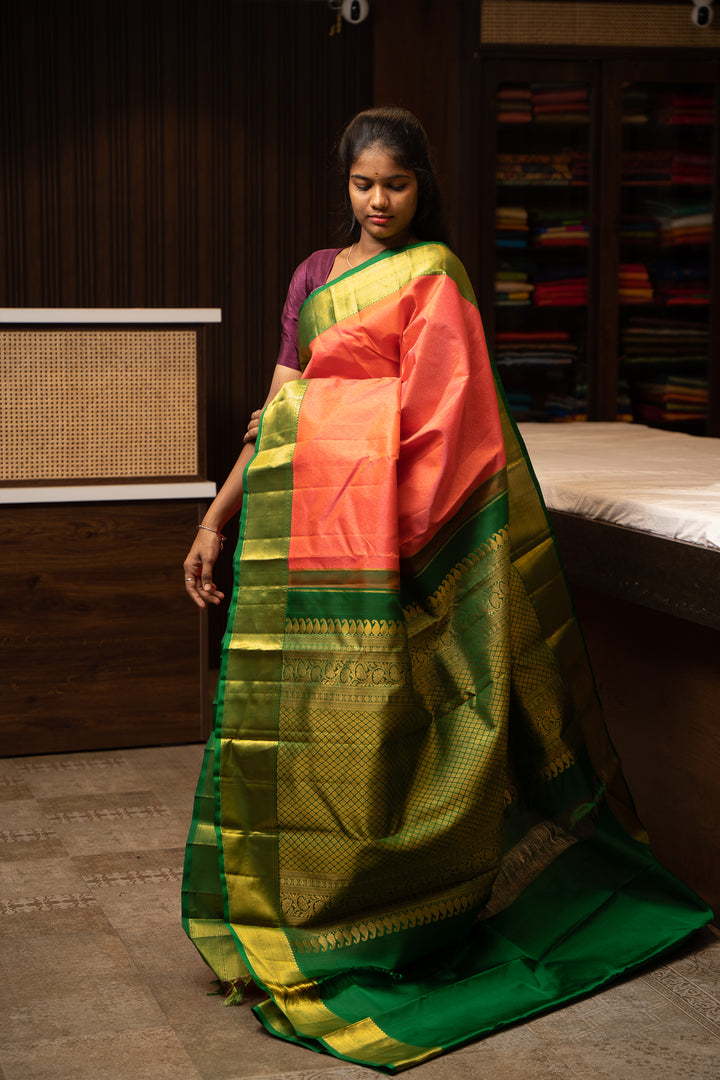 Peach and Green Muthu Zari Pure Kanchipuram Silk Saree - Clio Silks