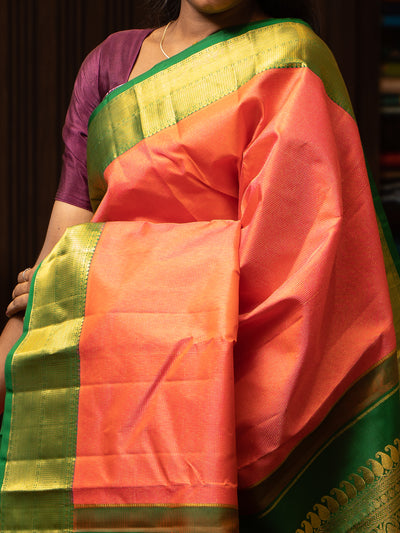 Peach and Green Muthu Zari Pure Kanchipuram Silk Saree - Clio Silks