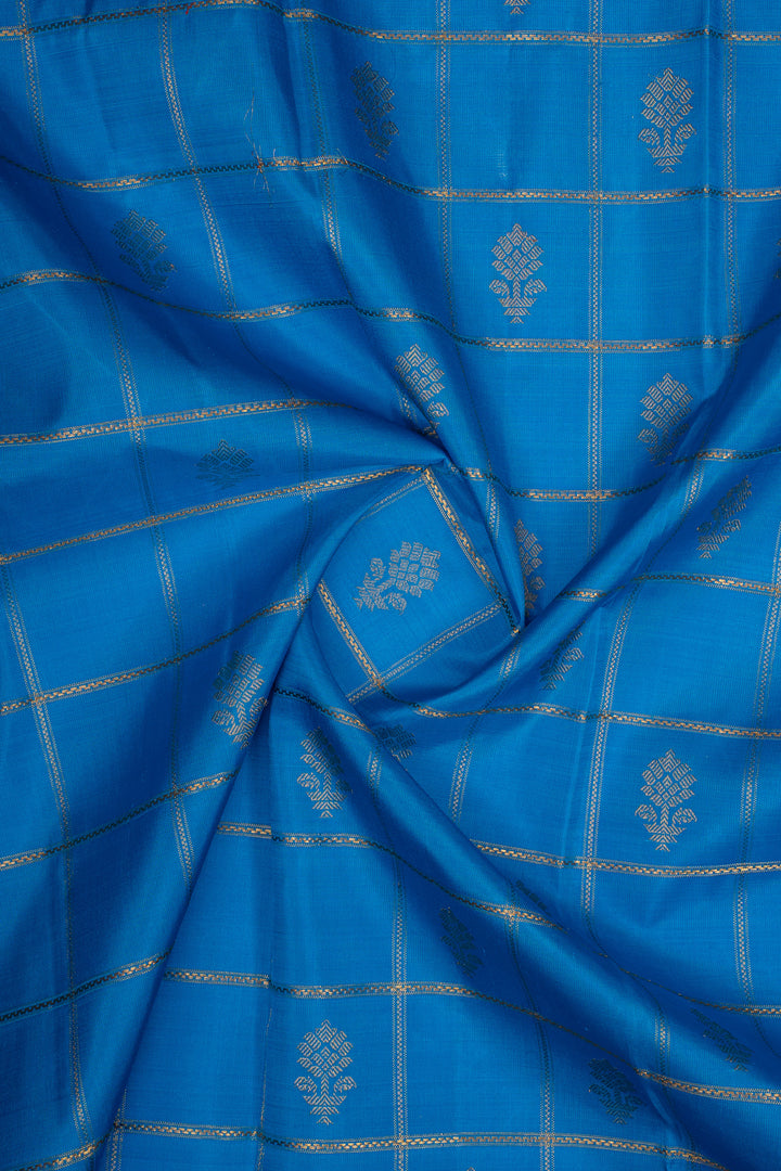 Vintage blue and purple Jamdani neli checks pure kanchipuram silk saree