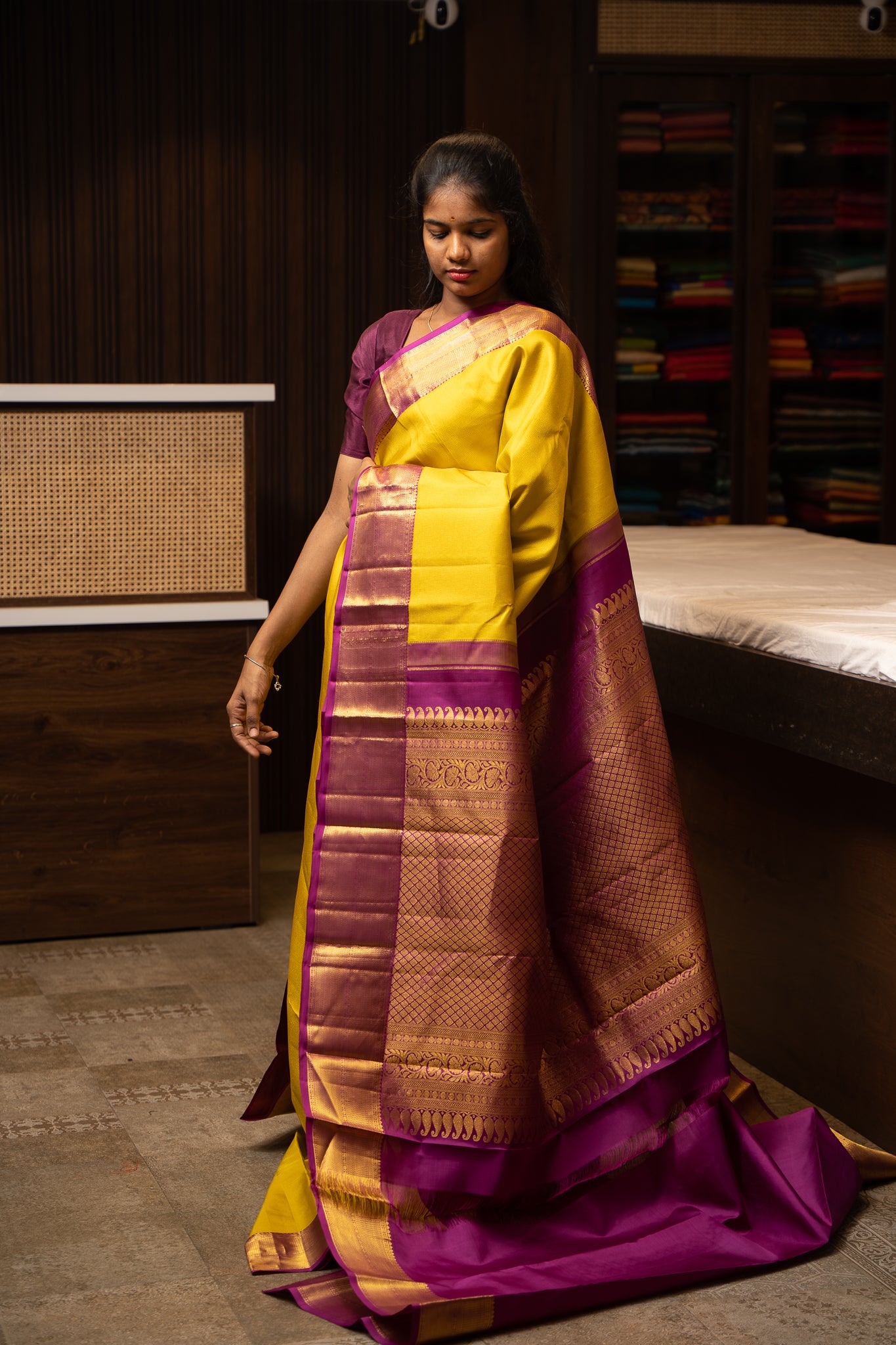 Golden Yellow and Magenta Muthu Zari Self Pure Kanjivaram Silk saree - Clio Silks