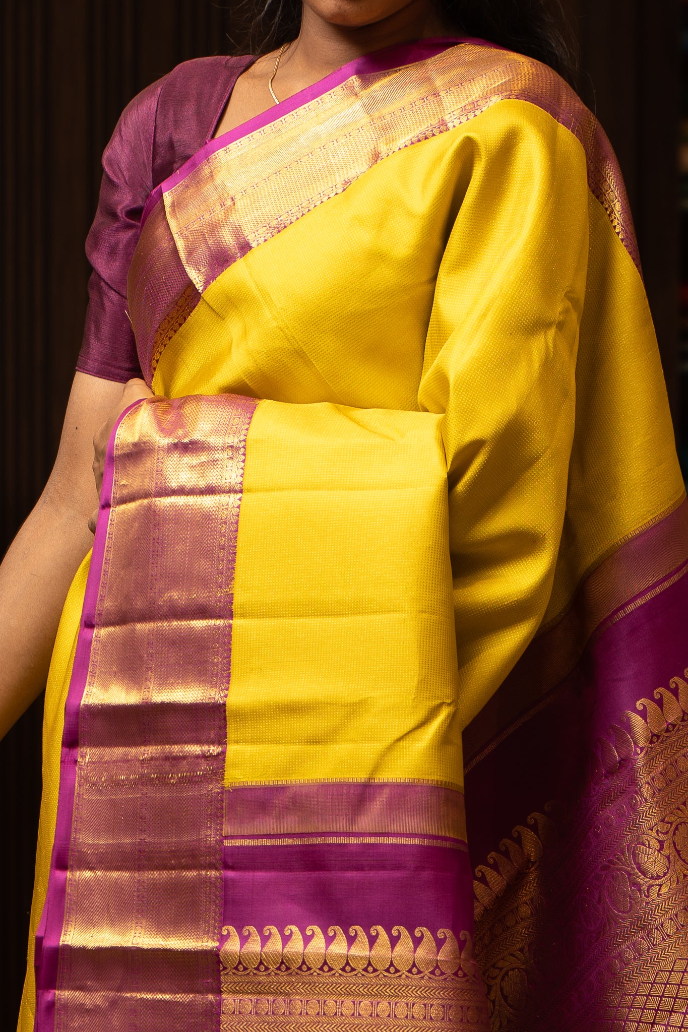 Golden Yellow and Magenta Muthu Zari Self Pure Kanjivaram Silk saree - Clio Silks