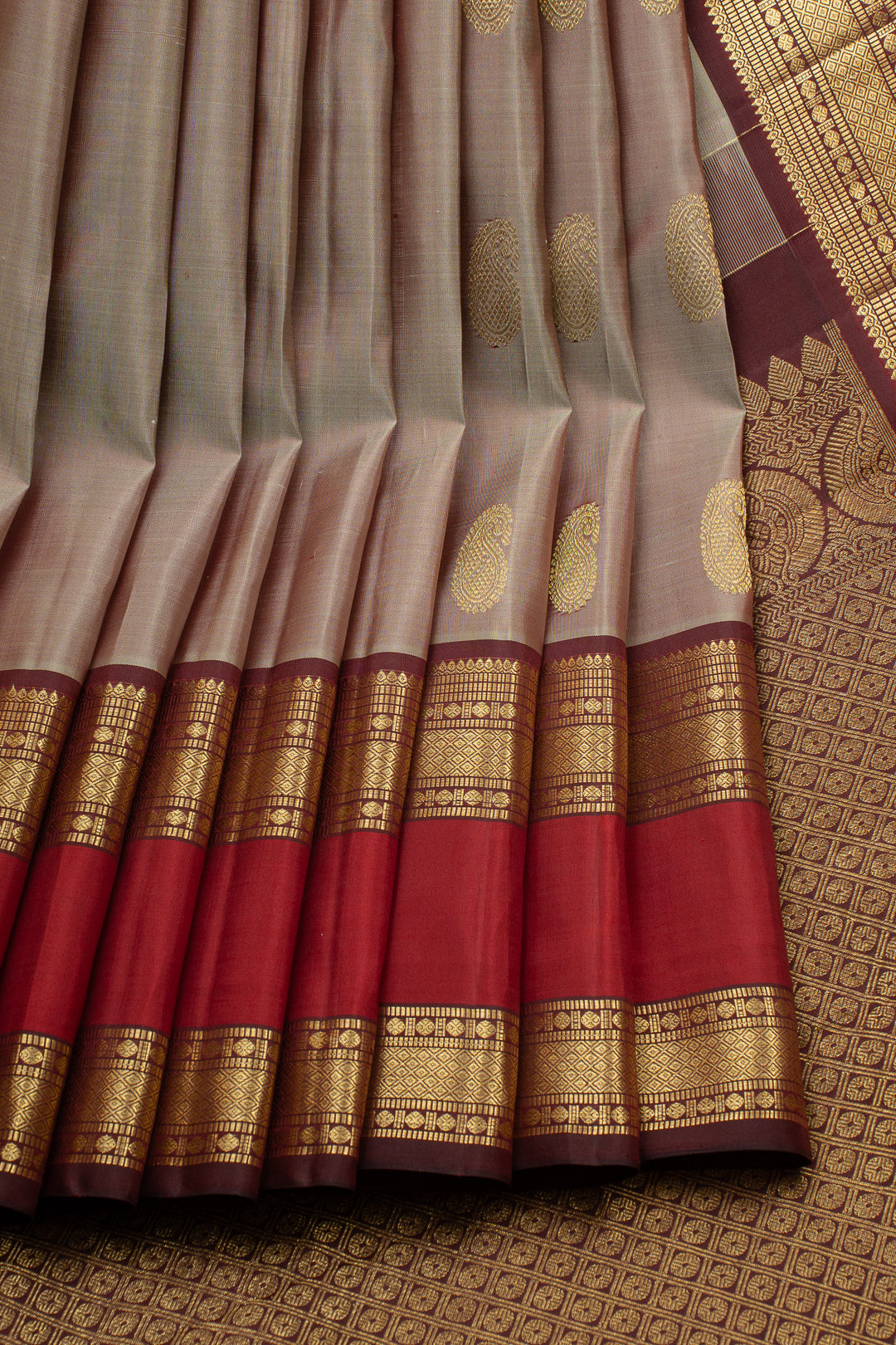 Grey and maroon traditional pure kanchipuram silk saree