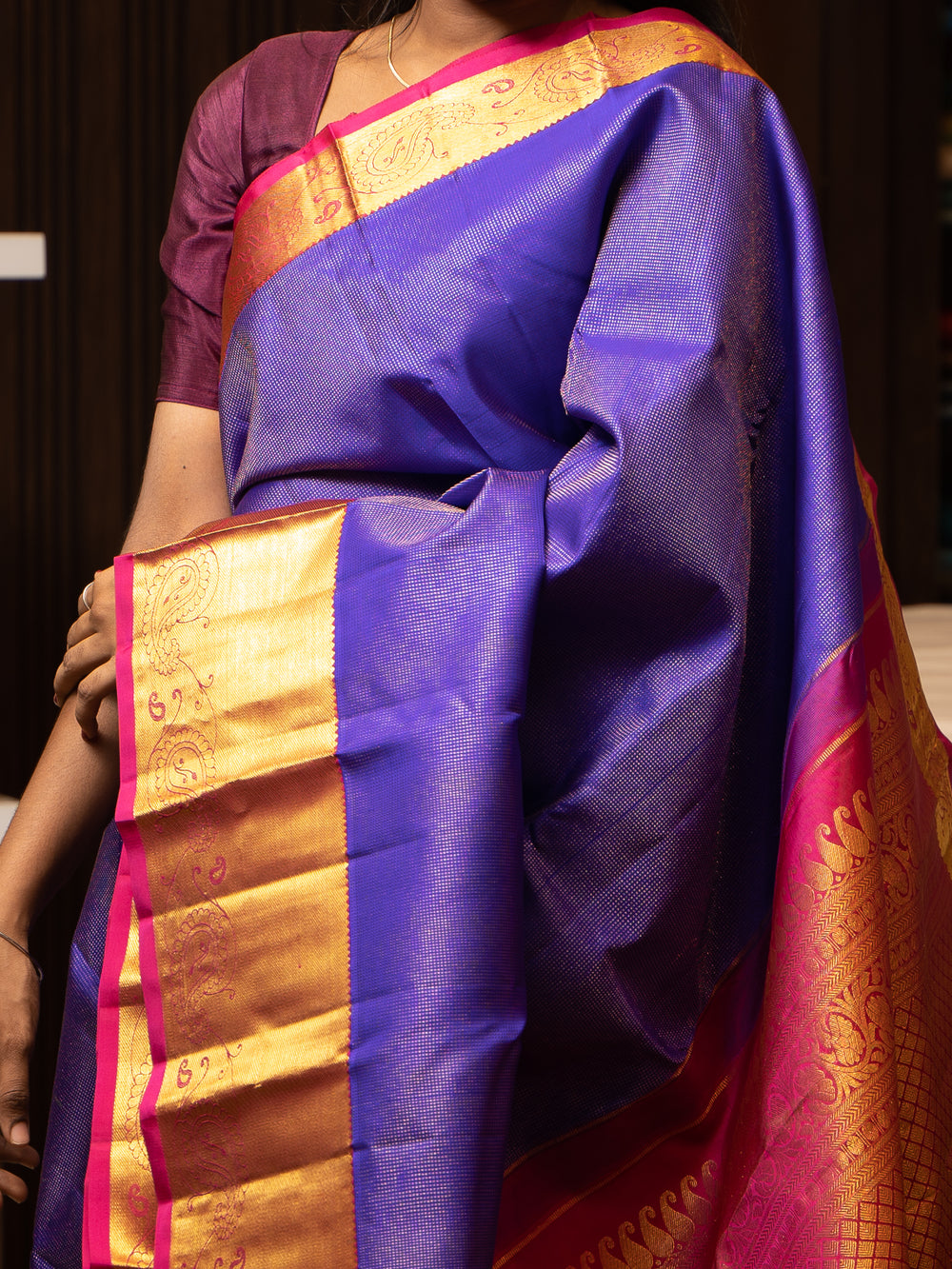 Purple and Magenta Muthu Zari Self Pure Kanchipuram Silk Saree - Clio Silks