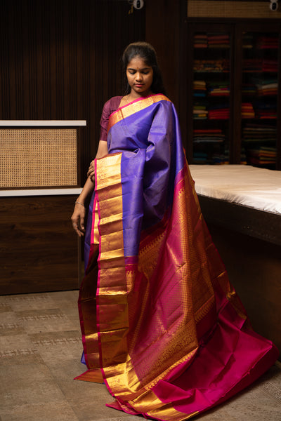 Purple and Magenta Muthu Zari Self Pure Kanchipuram Silk Saree - Clio Silks