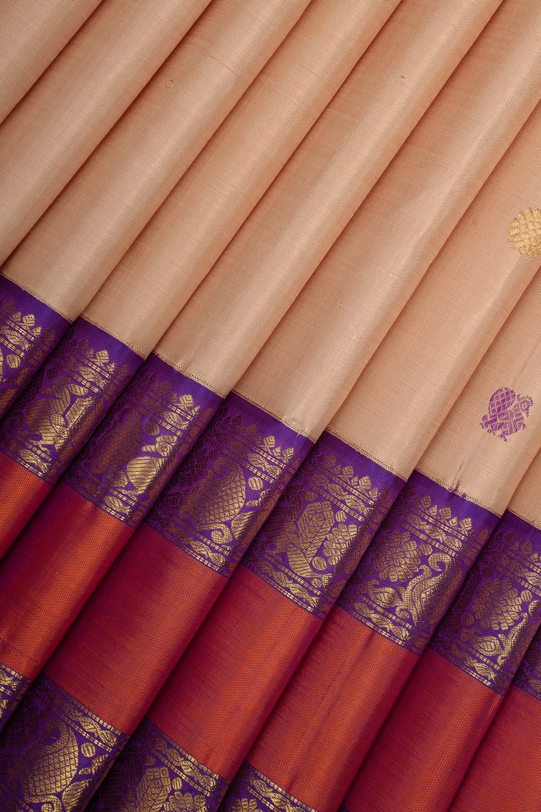 Peach and Purple Rettai Pettu Pure Kanchipuram Silk Saree
