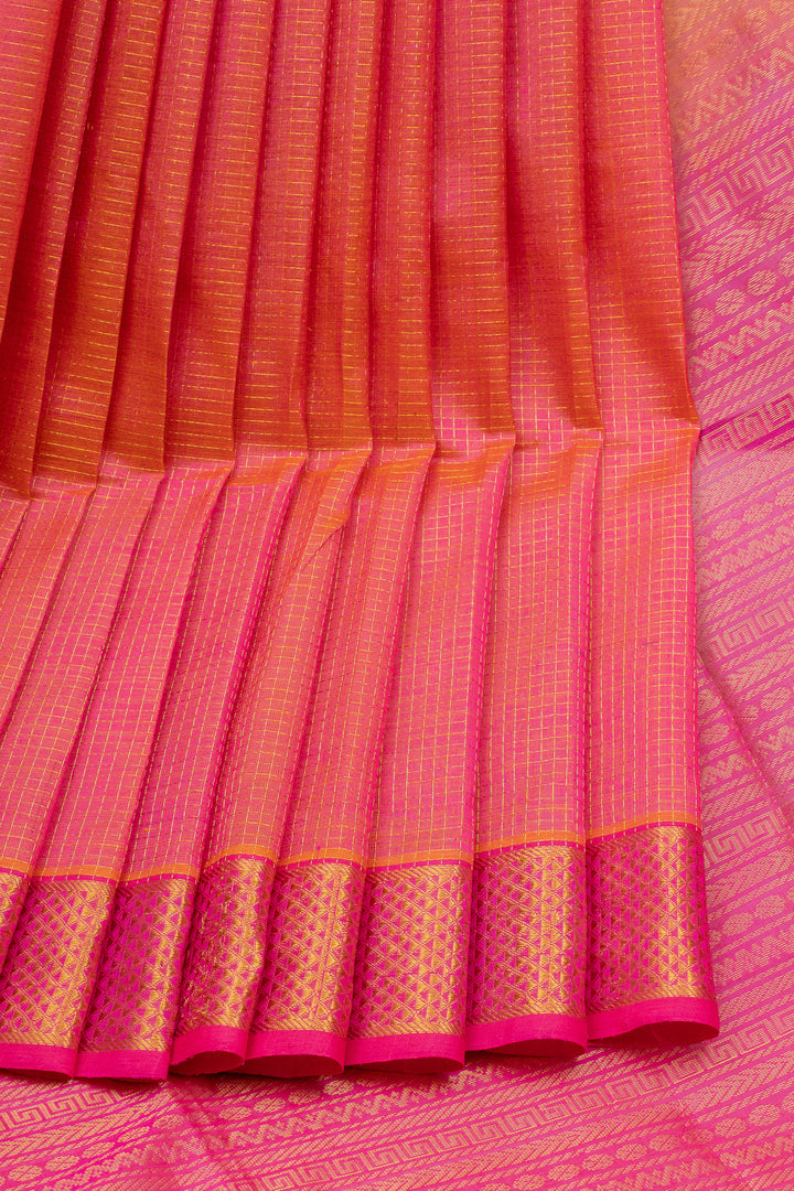 Peach Zari Checks Pure Silk Cotton Saree