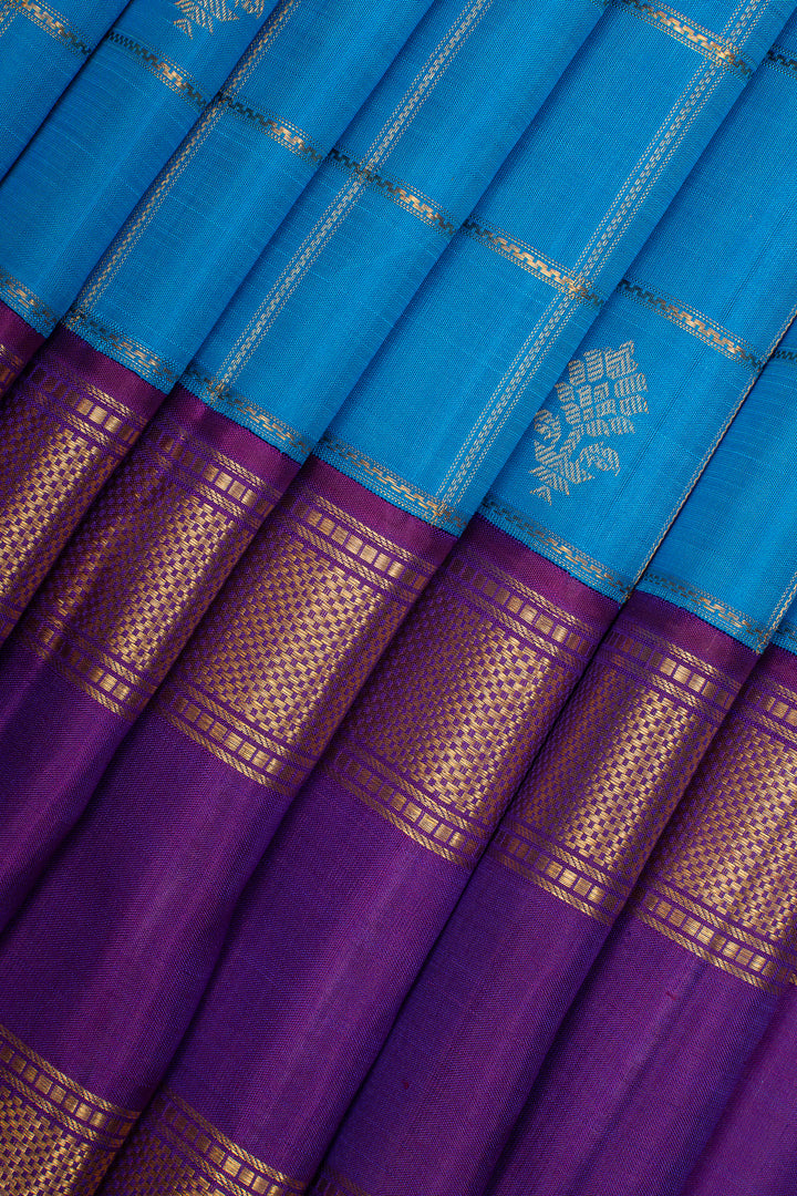 Vintage blue and purple Jamdani neli checks pure kanchipuram silk saree
