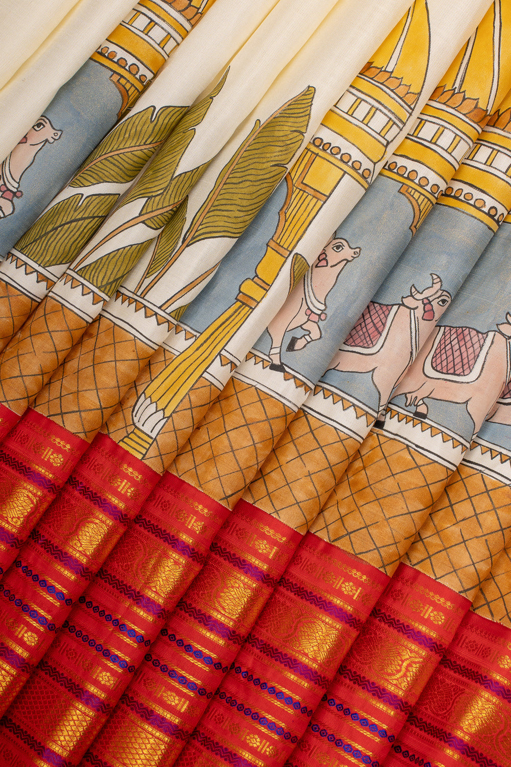 Ivory and Red Pure Hand-Painted Kanchipuram Silk Saree