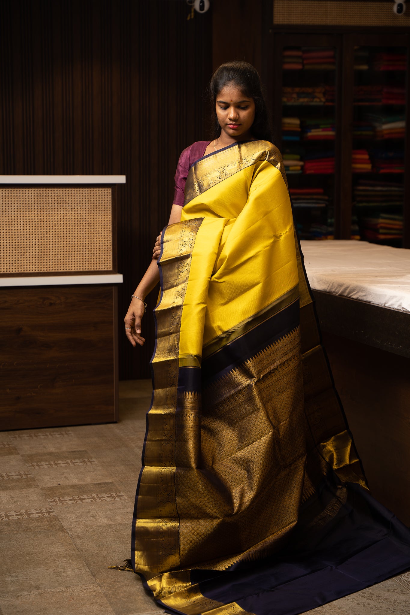 Yellow and Navy Blue Muthu Zari Pure Kanjivaram Silk Sari - Clio Silks