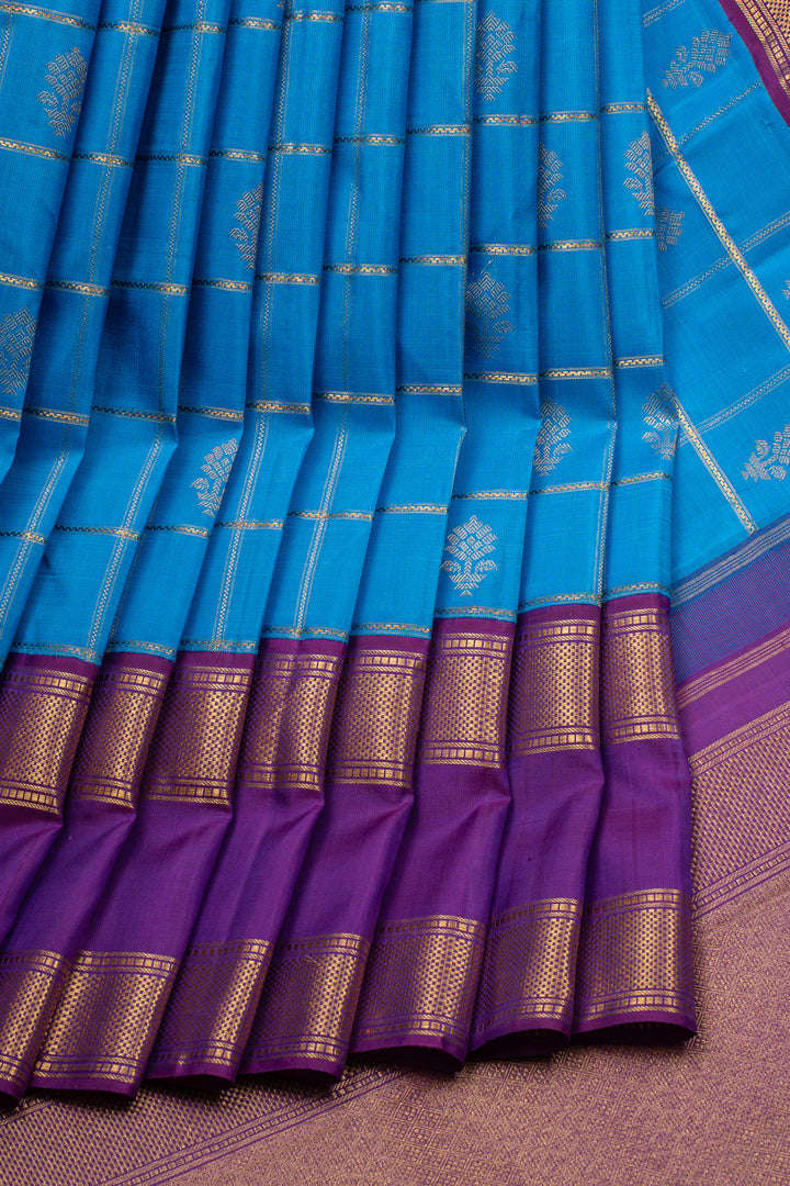 Vintage blue and purple Jamdani neli checks pure kanchipuram silk saree