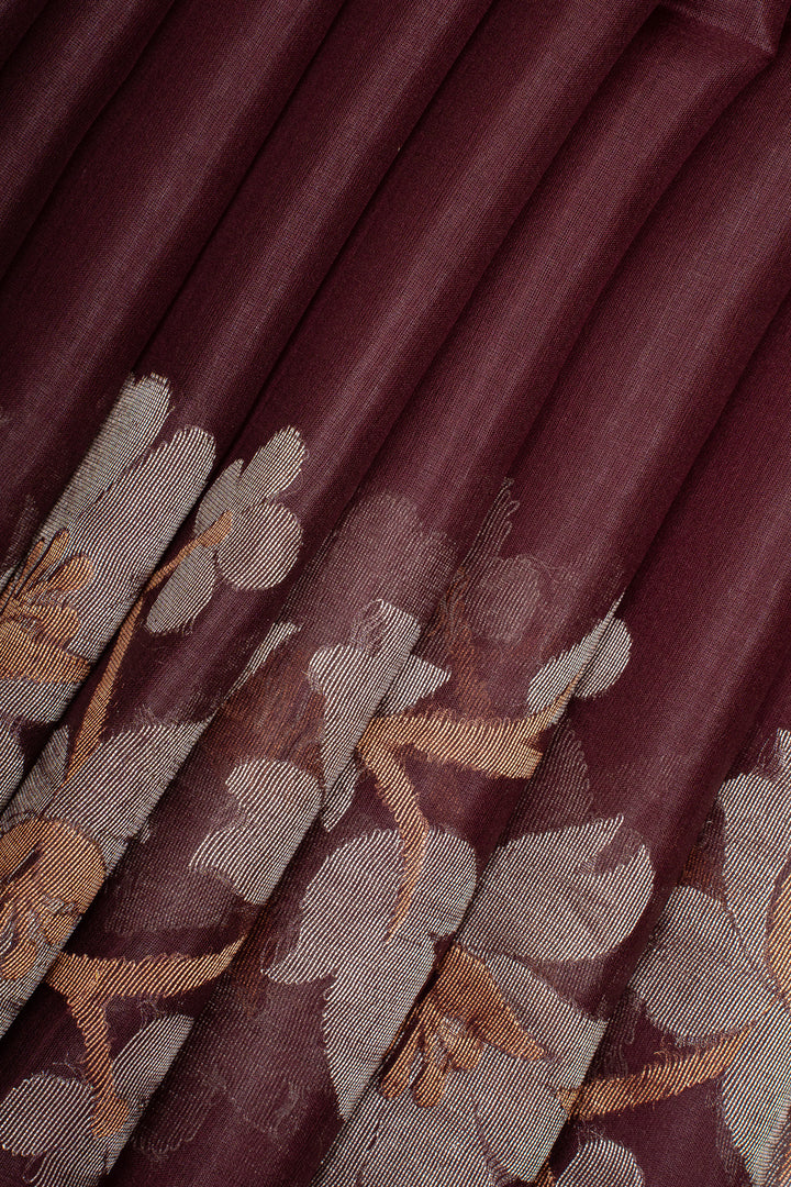 Burgundy Floral Woven Pure Muslin Organza Pure Tussar Saree