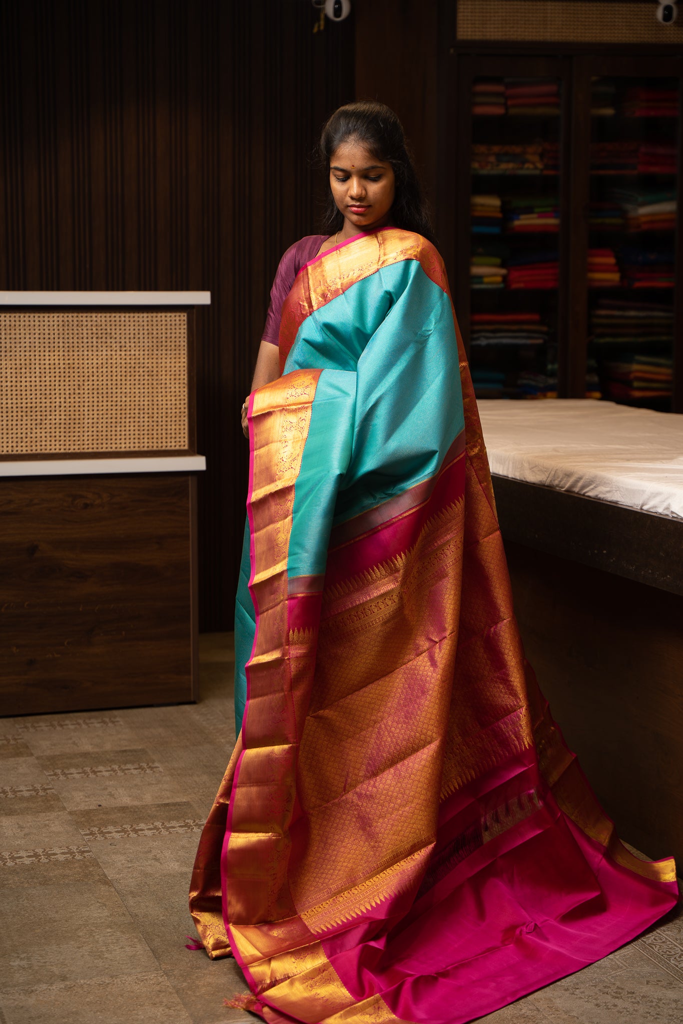 Turquoise Blue and Magenta Muthu Zari Self Pure Kanjivaram Silk