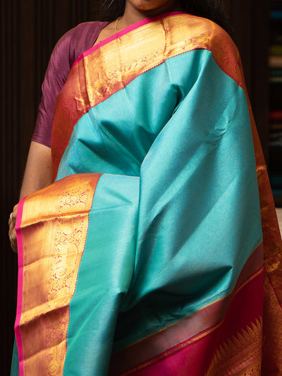 Turquoise Blue and Magenta Muthu Zari Self Pure Kanjivaram Silk Saree - Clio Silks