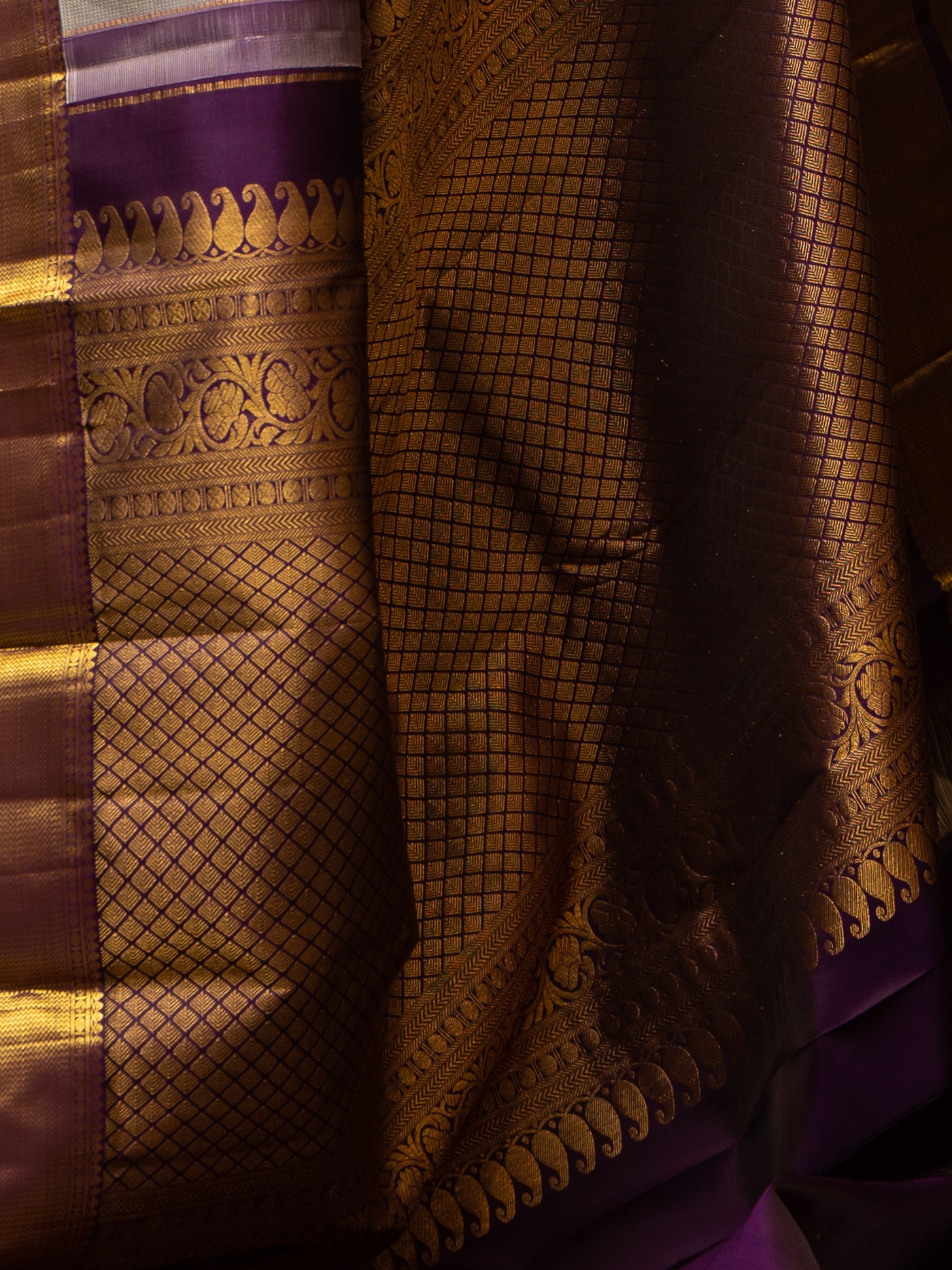 Grey and Purple Muthu Zari Kanchipuram Silk Sari - Clio Silks