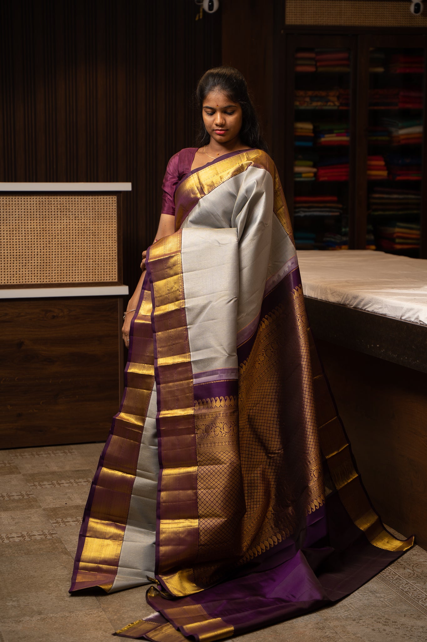 Grey and Purple Muthu Zari Kanchipuram Silk Sari - Clio Silks