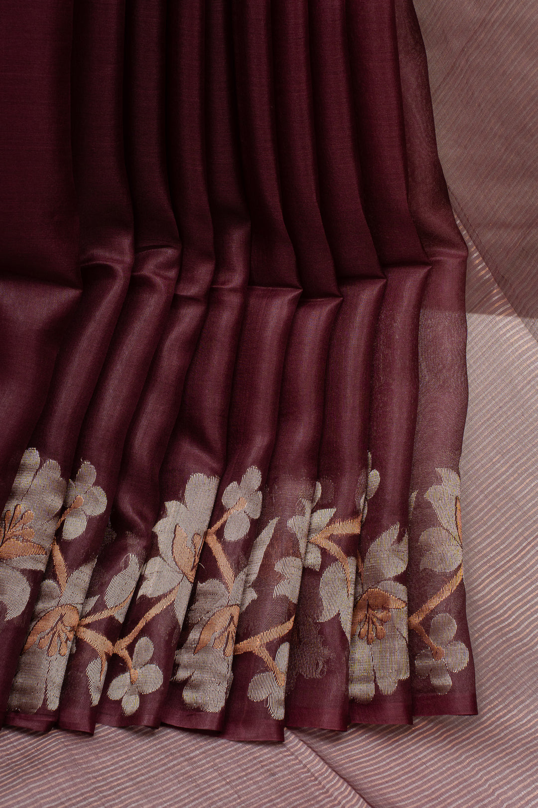 Burgundy Floral Woven Pure Muslin Organza Pure Tussar Saree