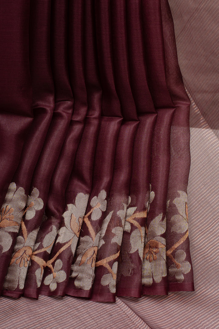 Burgundy Floral Woven Pure Muslin Organza Pure Tussar Saree