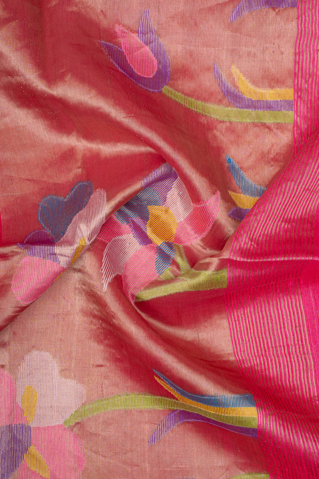 Rani Pink Sequins Pure Handloom Organza Muslin Silk Jamdani Pallu Tussar Saree