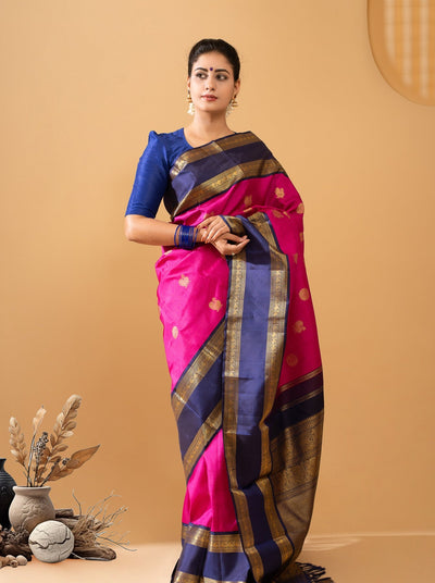Persian Rose and Blue Pure Zari Kanchipuram Silk Saree - Clio Silks