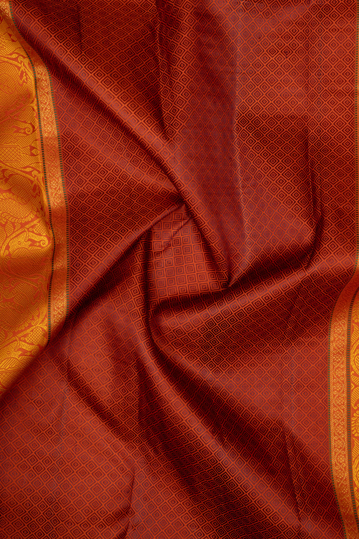 Dark purple and rust orange threadwork pure kanchipuram silk saree