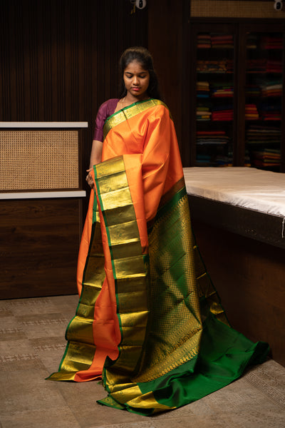 Orange and Green Muthu Self Pure Kanjivaram silk Saree - Clio Silks