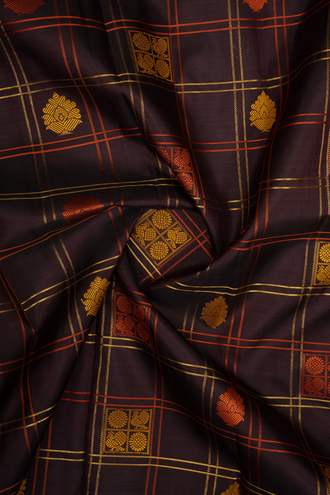 Dark purple and rust orange threadwork pure kanchipuram silk saree