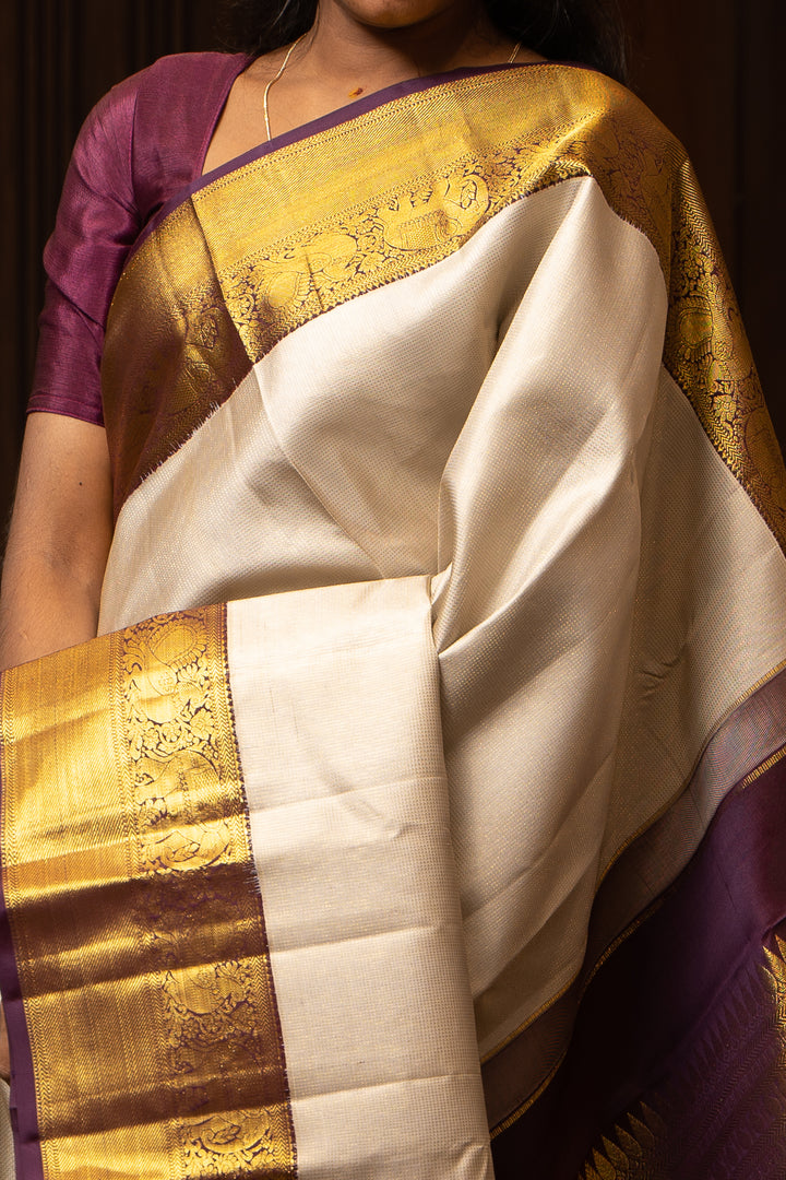 Silver and Dark Purple Muthu Zari Pure Kanchipuram Silk Saree - Clio Silks