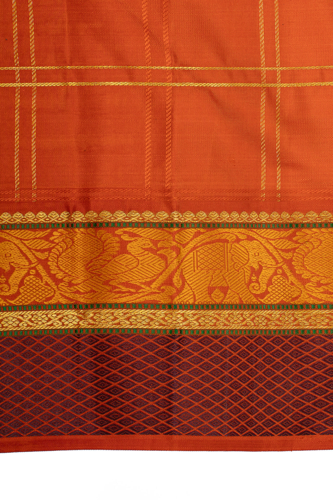 Dark purple and rust orange threadwork pure kanchipuram silk saree