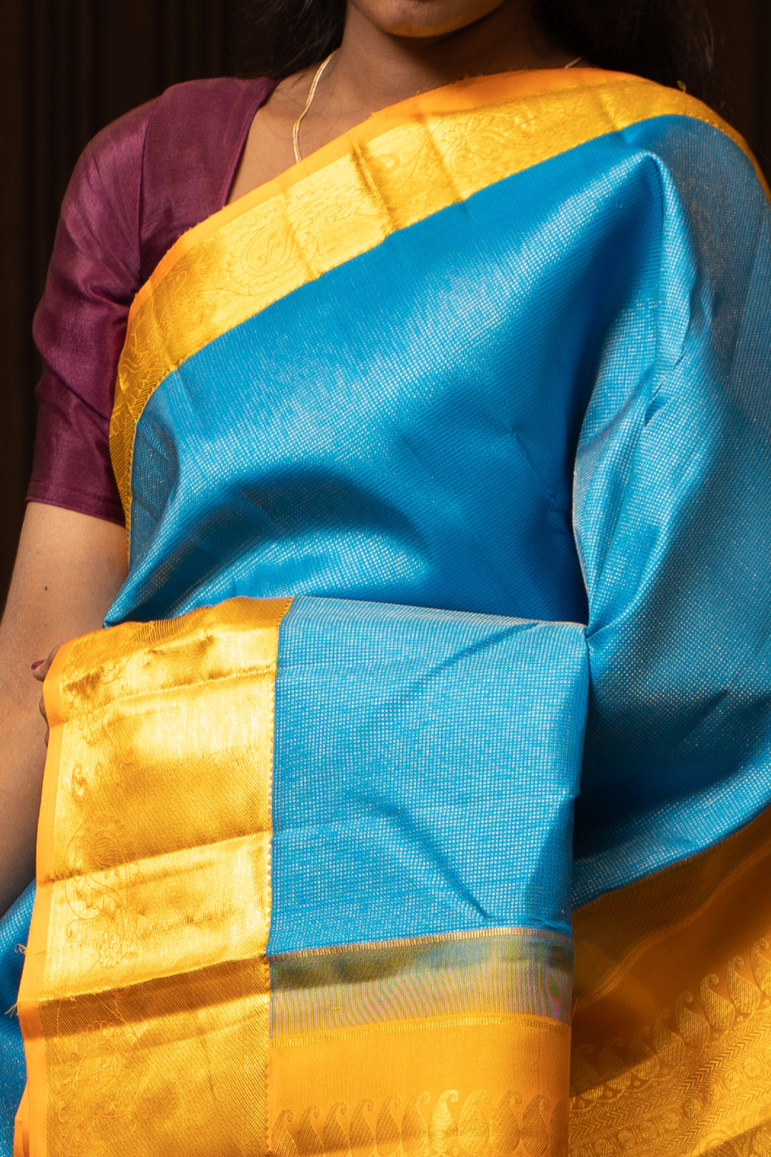 Anandha Blue and Yellow Muthu Zari Pure Kanchipuram Silk Saree - Clio Silks