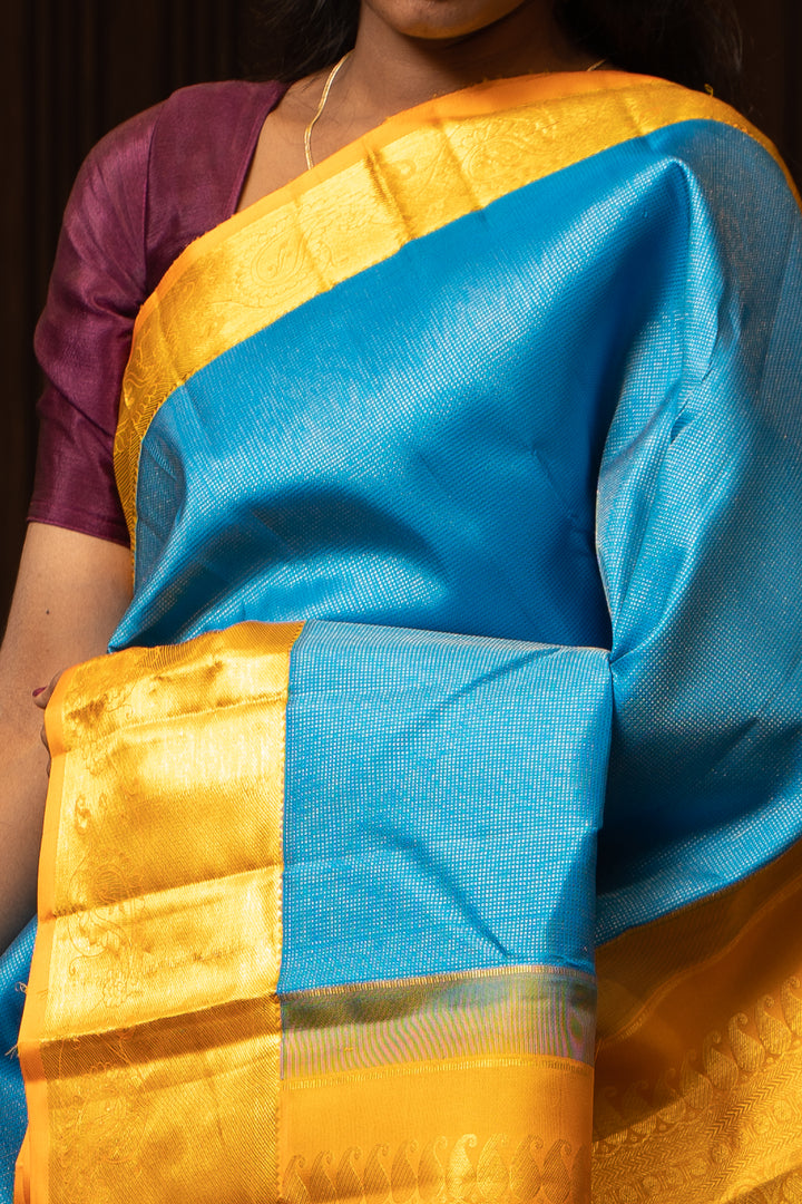 Anandha Blue and Yellow Muthu Zari Pure Kanchipuram Silk Saree - Clio Silks