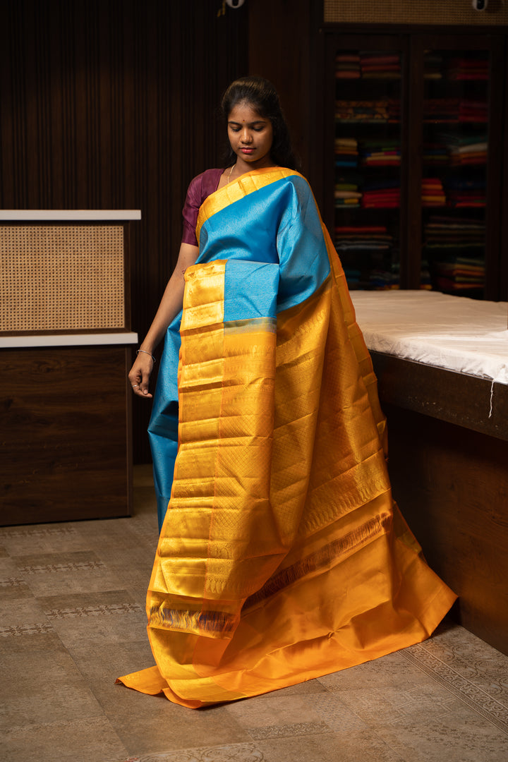 Anandha Blue and Yellow Muthu Zari Pure Kanchipuram Silk Saree - Clio Silks