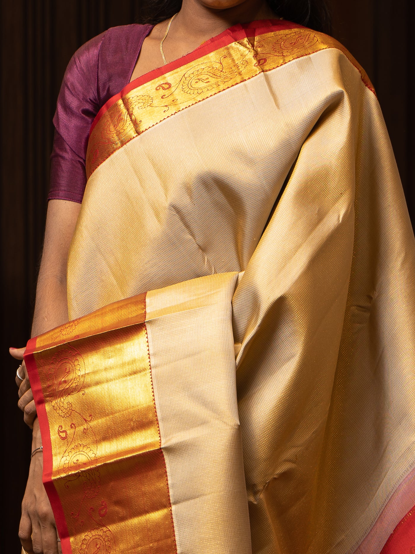 Beige Gold and Red Muthu Zari Self Pure Kanchipuram Silk Sari - Clio Silks