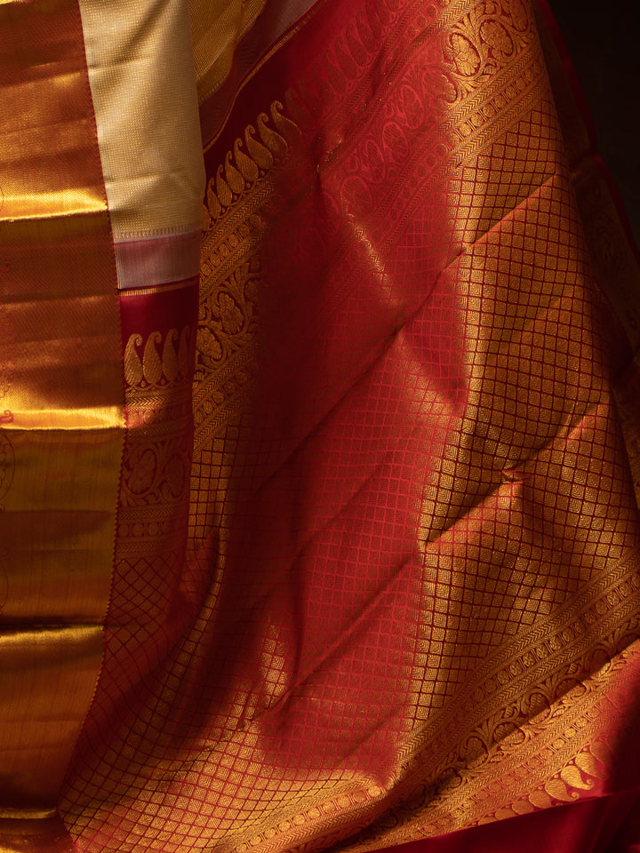 Beige Gold and Red Muthu Zari Self Pure Kanchipuram Silk Sari - Clio Silks