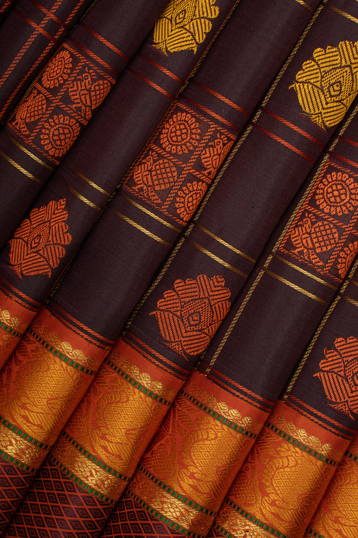 Dark purple and rust orange threadwork pure kanchipuram silk saree