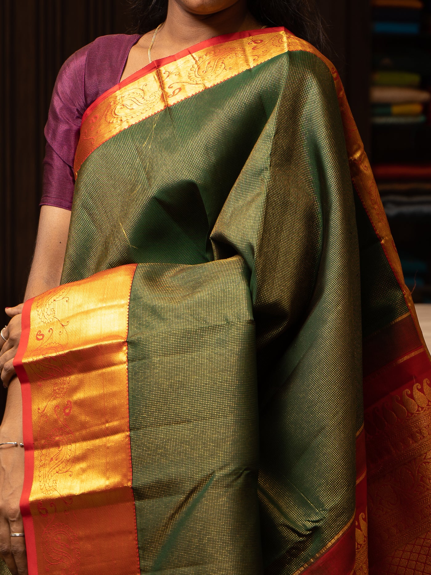 Bottle Green and Red Muthu Self Kanchipuram Silk Saree - Clio Silks