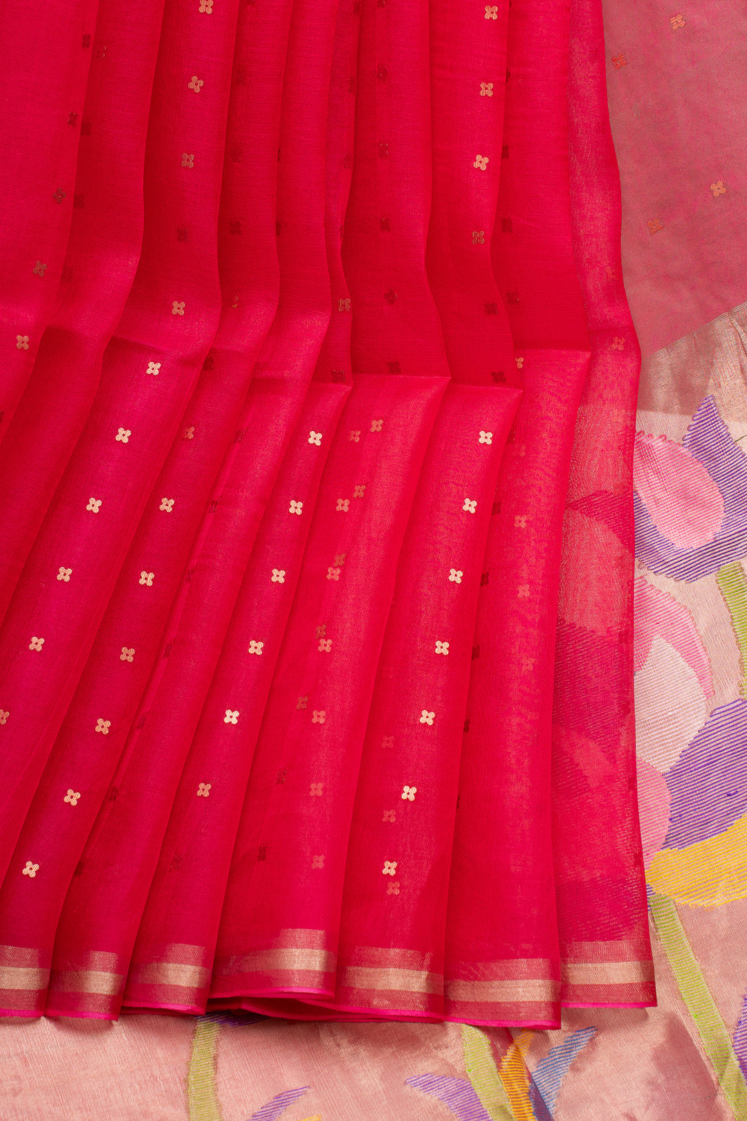 Rani Pink Sequins Pure Handloom Organza Muslin Silk Jamdani Pallu Tussar Saree
