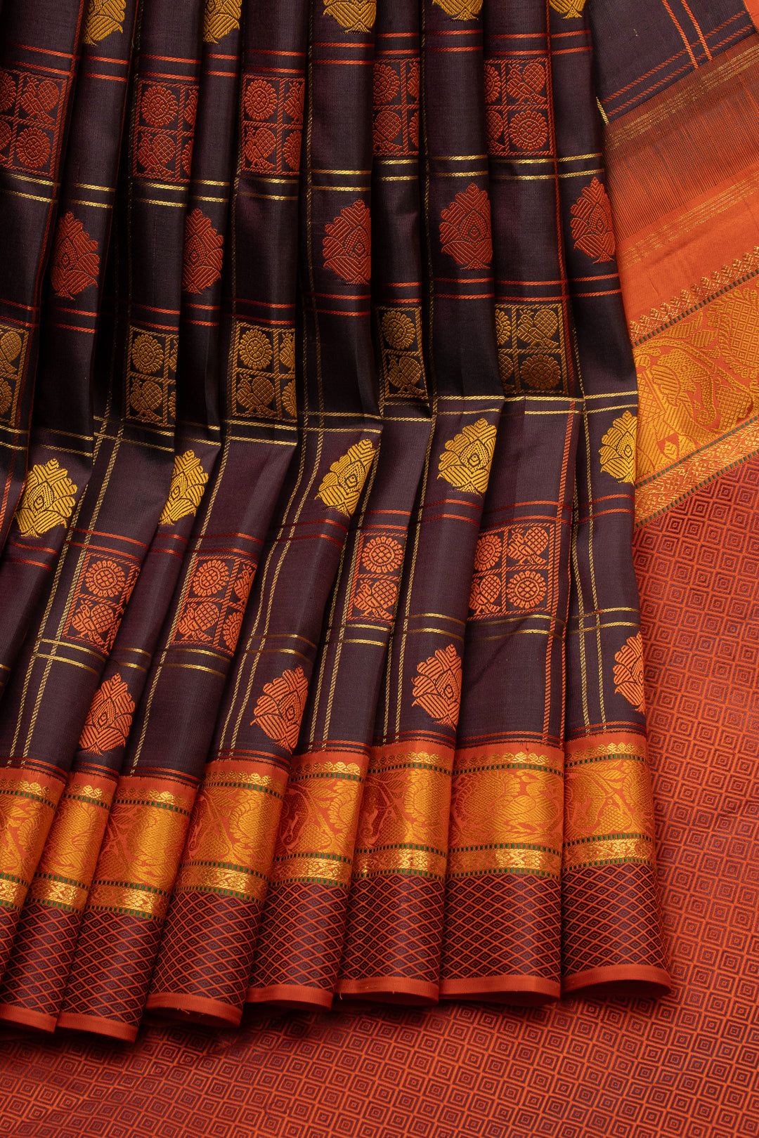 Dark purple and rust orange threadwork pure kanchipuram silk saree
