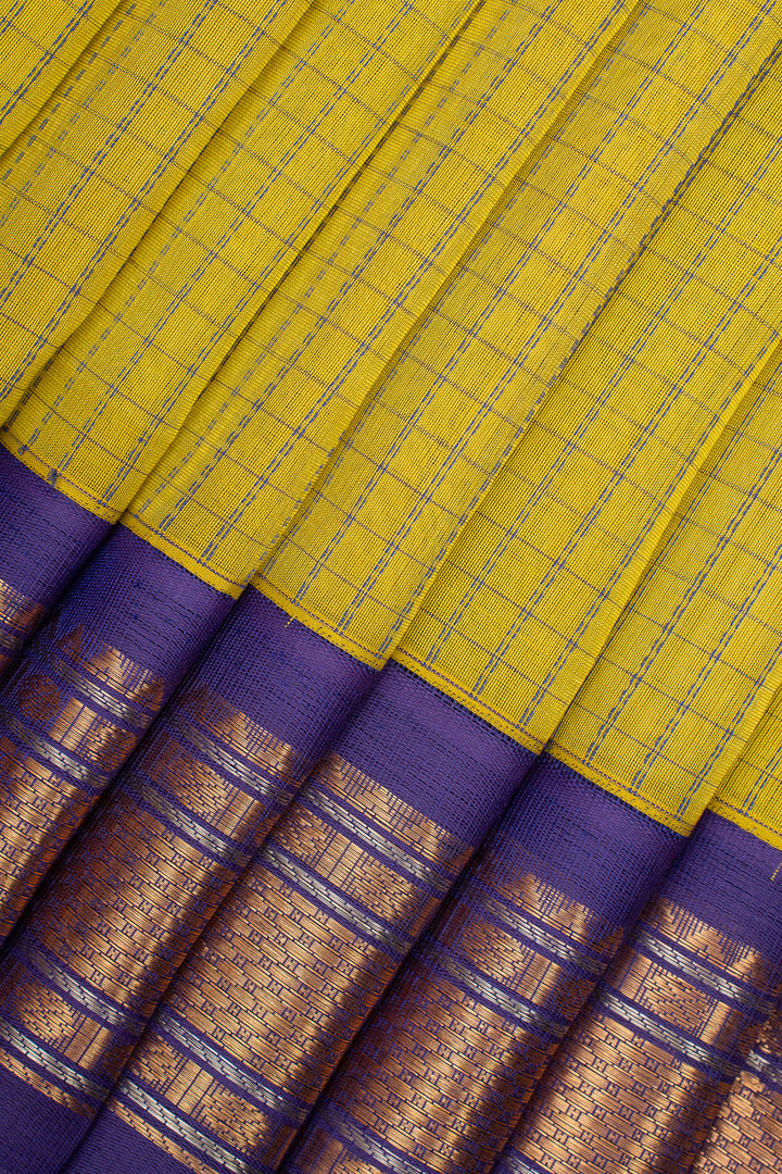 Yellow and Purple Thread Checks Pure Silk Cotton Saree