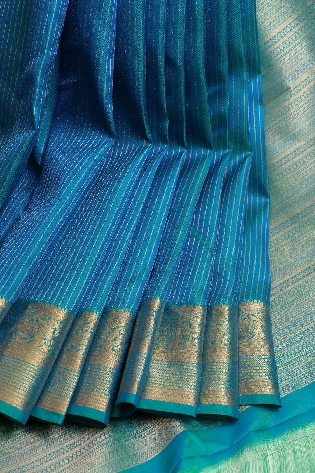 Peacock  blue stripes pure Kanchipuram silk saree