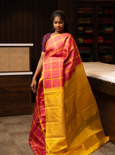 Peach Borderless Checks Kanjivaram Designer Silk Saree - Clio Silks