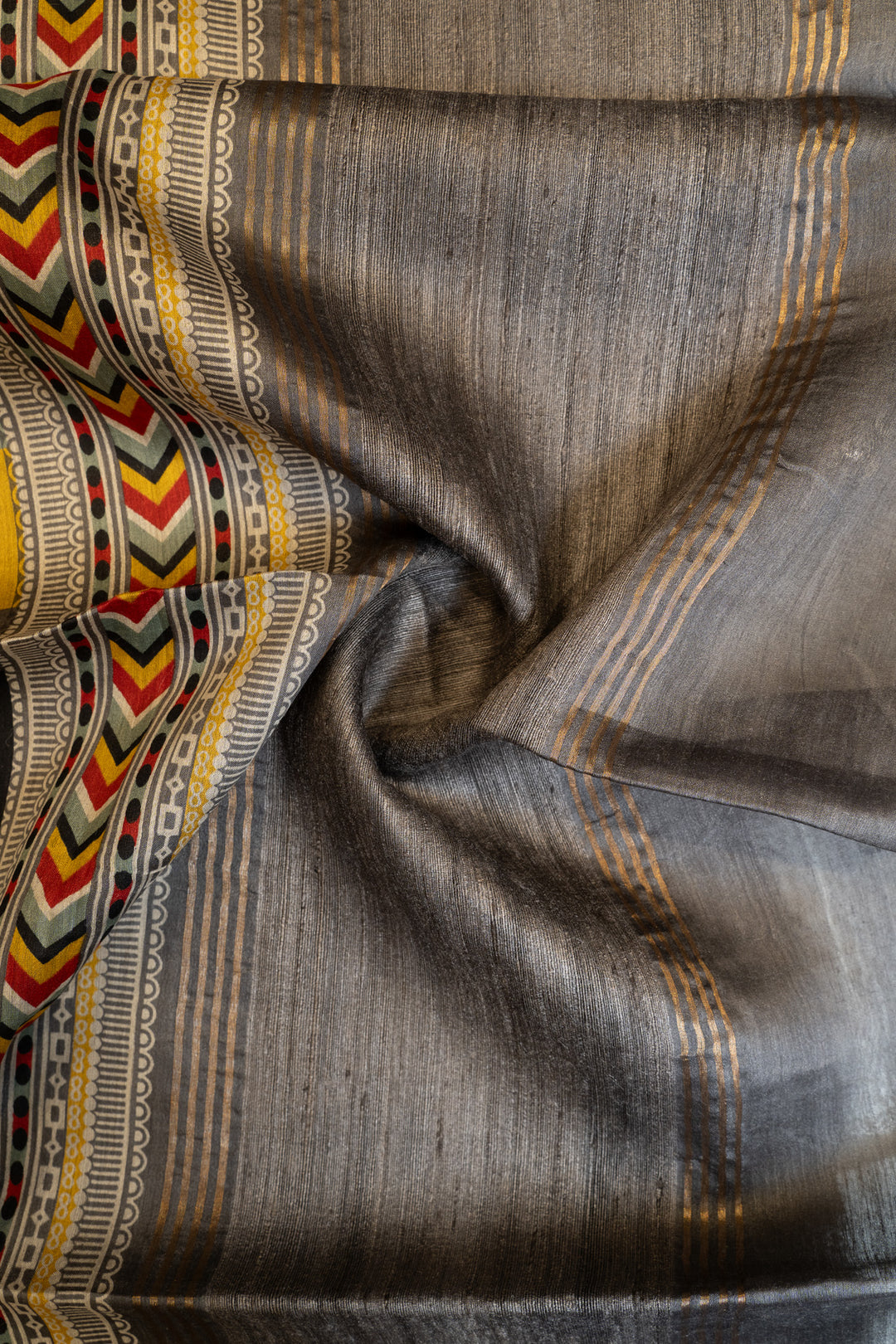 Yellow Printed stripes pure Tussar silk saree