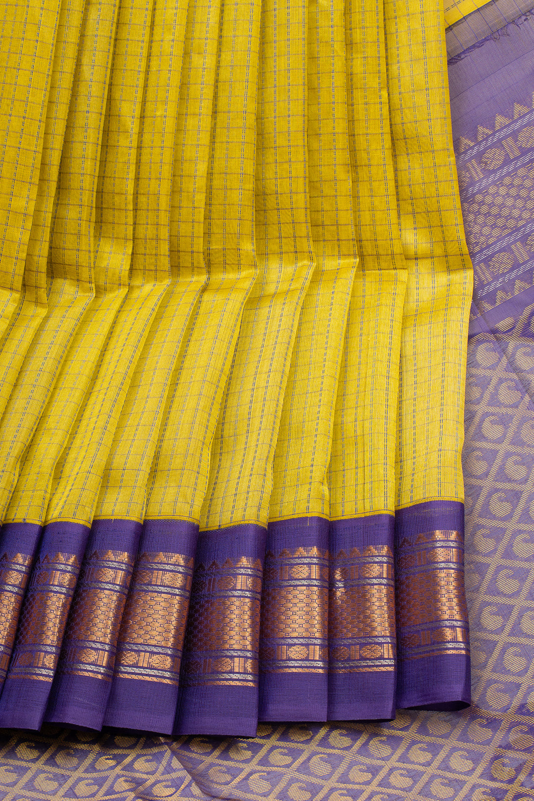 Yellow and Purple Thread Checks Pure Silk Cotton Saree